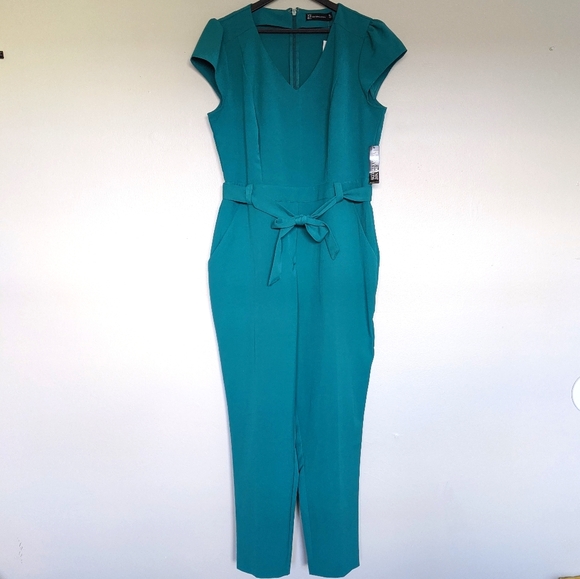 New York & Company Pants - Teal V neck jumpsuit with tie belt and pockets